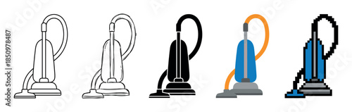Collection of upright vacuum cleaner icons presented in five distinct artistic styles from simple line drawing and silhouette to flat color and pixelated design