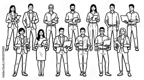 Diverse group of smiling business people standing together in a hand-drawn sketch style, holding tablets and laptops for a modern corporate team concept