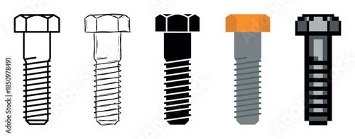 Set of five hex bolt illustrations presented in various artistic styles, including line art, hand-drawn sketch, silhouette, flat design, and a pixel art graphic