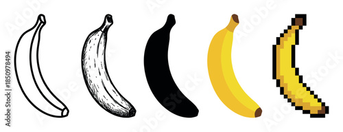 Five banana fruit icons presented in a row with various graphic representations like line art, hand-drawn sketch, solid silhouette, simple vector, and 8-bit pixel art