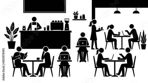 Black silhouette illustration of people in a busy coffee shop working on laptops, drinking coffee, and socializing in a modern cafe interior with a barista at the counter