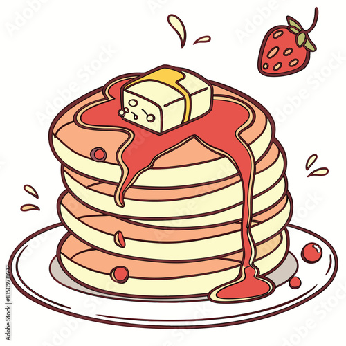Stack of golden pancakes drizzled with syrup and topped with butter, served on a white plate with a strawberry and splash elements, delicious breakfast illustration, vector art