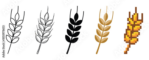 Set of five wheat ear icons in various graphic styles including outline, silhouette, flat color, and pixel art, representing agriculture and harvest