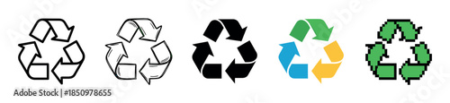 Set of five recycle symbols in various graphic styles including line art, sketch, solid black, color, and pixel art, representing environmental conservation and sustainability