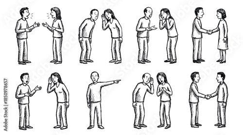 Hand-drawn sketch illustrations set of people communicating, showing various interactions like arguing, listening, whispering secrets, pointing, and shaking hands in agreement