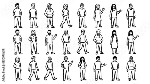 Large set of diverse hand-drawn people figures in various casual clothes and poses, including standing, walking, and waving in a simple black and white line art doodle style