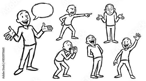 Set of hand-drawn cartoon characters showing various emotions and poses like anger, confusion, happiness, and surprise in a simple black and white sketch illustration style