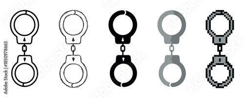 Set of five handcuff icons in different graphic styles including line art, sketch, silhouette, flat design, and pixel art for law enforcement and justice concepts