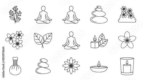 Vector line icon set for wellness, spa, and meditation. Includes natural elements, peaceful poses, and relaxation symbols for a balanced, healthy lifestyle
