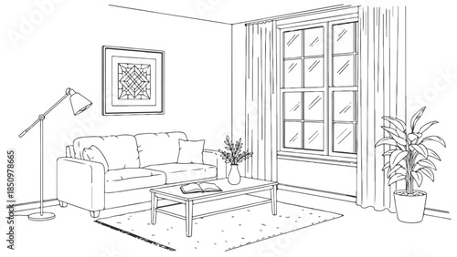 Vector line art illustration of a modern living room interior, featuring contemporary furniture and elegant home decor, perfect for architectural and design projects