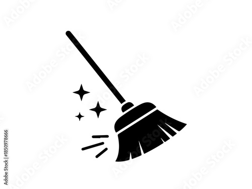 Sleek graphic representation of a broom sweeping, complete with sparkling elements, ideal for conveying cleanliness, hygiene, and domestic efficiency in digital designs