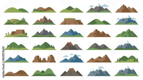 Large collection of mountain and hill icons in a simple flat cartoon style, featuring various landforms like rocky peaks, snowy caps, green landscapes, and volcanoes