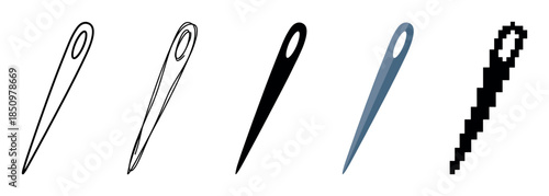 Set of five sewing needle vector icons showing different illustration styles from simple line art and silhouette to modern flat design and retro 8-bit pixel art