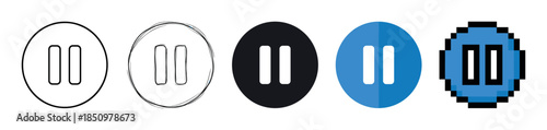 Collection of five pause button icons showcasing various design styles including line art, hand-drawn sketch, flat design, and retro pixel art for user interfaces