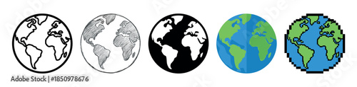 Set of five planet Earth globes presented in a row shows a variety of graphic styles including simple line art, a hand-drawn sketch, a silhouette, flat design, and pixel art