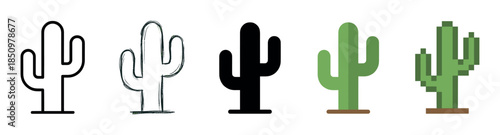 Set of five green cactus icons showing a progression of graphic design styles from outline and sketch to silhouette, modern flat vector, and retro pixel art