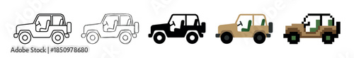 Collection of five off-road vehicle icons presented in a row, showcasing various graphic styles like clean outline, hand-drawn sketch, solid silhouette, flat color, and retro pixel art