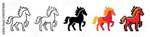 Set of five horse icons in different artistic styles including line art, hand-drawn sketch, solid black silhouette, colorful flat design, and retro pixel art