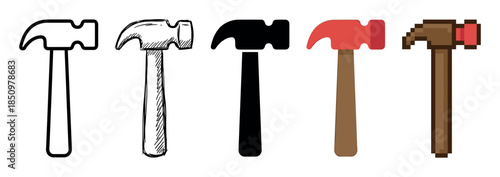 Five hammer tool icons in different styles including outline, sketch, silhouette, flat design, and pixel art, illustrating a variety of graphic design techniques