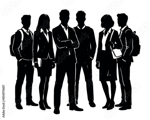 Group of young business people and students standing together as a team in a black silhouette illustration, representing professional unity and corporate collaboration