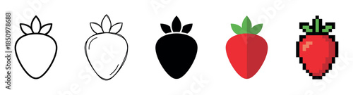 Set of five strawberry fruit icons presented in a row showing various design styles like outline, glyph, flat color vector, and retro pixel art for graphic design