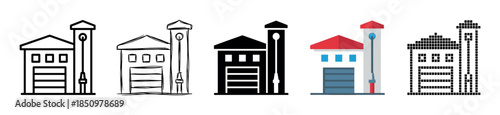 Set of five fire station icons in different artistic styles including line art, sketch, silhouette, flat color, and pixel art for graphic design elements