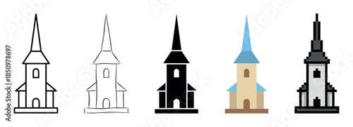 Collection of five church building icons in various artistic styles including line art, sketch, silhouette, flat color, and pixel art for graphic design elements