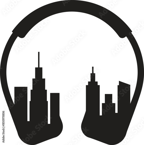 Music Headphones City Skyline Silhouette Illustration, Urban Sound Concept, Modern Vector Design