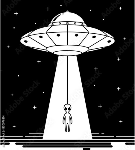 UFO flying saucer beaming up alien in space illustration, black and white sci-fi line art, retro extraterrestrial cosmic invasion,