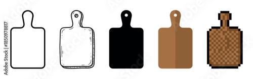 Kitchen cutting board icon set showing five different illustration styles from simple outline and hand-drawn sketch to silhouette, flat vector, and 8-bit pixel art