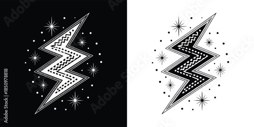 Stylized lightning bolt with intricate patterns and sparkling stars, symbolizing power, energy, and inspiration, creating a dynamic and eyecatching design