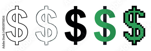 Collection of five dollar sign symbols in various graphic design styles including outline, hand-drawn sketch, solid black, modern flat, and retro pixel art