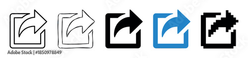 Collection of share and export icons in various design styles including outline, hand-drawn, solid glyph, blue color, and retro 8-bit pixel art for user interface elements