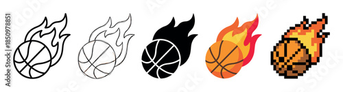 Set of flaming basketball icons showing different graphic styles including outline, silhouette, flat color, and pixel art for sports and gaming design elements