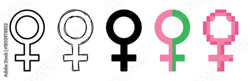 Set of female gender symbols presented in five different artistic styles including outline, hand-drawn sketch, solid silhouette, color block, and pixel art illustration