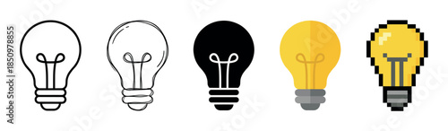 Five light bulb vector icons in a row with various graphic styles including line art, hand drawn, solid black silhouette, flat color, and retro 8-bit pixel design