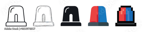 Collection of police car siren icons in various graphic styles, featuring a simple outline, a hand-drawn sketch, a solid glyph, a colorful flat vector, and a pixelated version