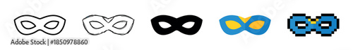 Collection of superhero eye masks in various graphic styles including outline, hand-drawn sketch, solid silhouette, flat color, and pixel art for a versatile icon set