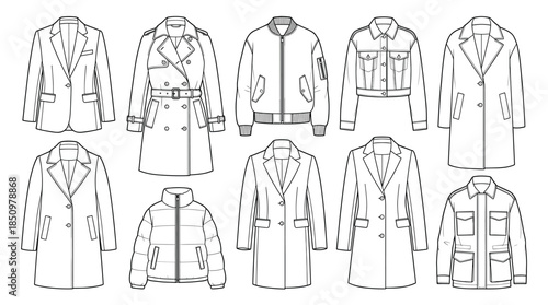 Collection of women's outerwear fashion flat sketches showing various styles of coats, jackets, blazers, and puffers in a technical drawing line art illustration