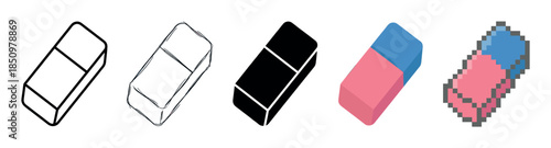 Set of five rubber erasers in different graphic styles including outline, sketch, silhouette, flat color, and pixel art for various design and educational concepts