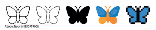 Collection of five butterfly icons showing different graphic design styles from simple line art and silhouette to flat color illustration and retro pixel art for digital media