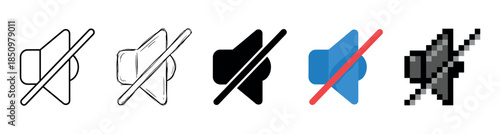 Collection of five mute speaker icons in various design styles including line art, sketch, flat, silhouette, and pixel art for user interface design concepts