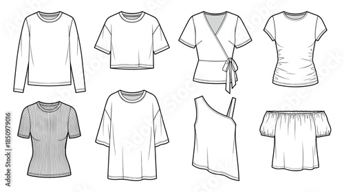 Eight different women's fashion tops technical flat sketches illustrating various styles and silhouettes for clothing design templates, presented in a clean, professional line art drawing