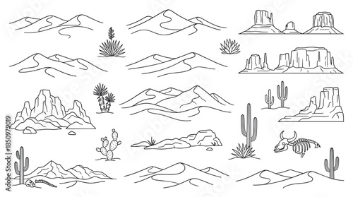 Set of desert landscape line art illustrations featuring minimalist icons of sand dunes, cacti, mesas, canyons, and animal skeletons for western-themed graphic design