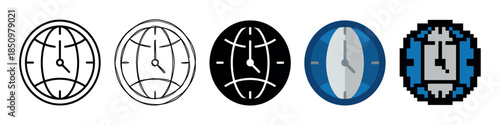 Set of world time icons showing a globe and clock in various design styles including line art, glyph, flat design, and pixel art for global business concepts