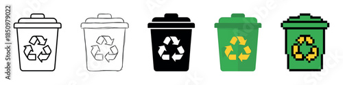 Set of five recycling bin icons in various design styles including line art, sketch, silhouette, flat, and pixel art, each featuring the universal recycling symbol