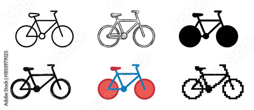 Set of six bicycle illustrations presented in different artistic styles such as simple outline, hand-drawn sketch, solid silhouette, flat color, and pixelated graphic