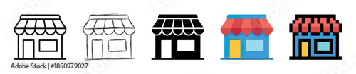 Collection of five store front icons presented in a row, showcasing different graphic styles including line art, sketch, silhouette, flat design, and pixel art illustration