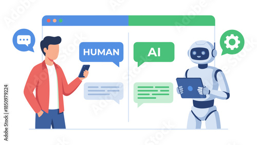 Human and AI communicating via chat messages illustration