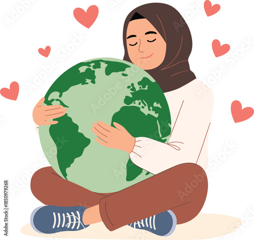 Woman in Hijab Hugging a Green Globe with Floating Hearts